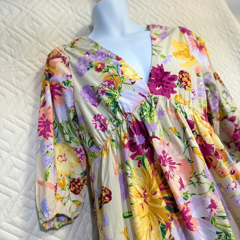 NWT H&M size S Multi-colored floral print dress puffy sleeves V-neckline SPRING
